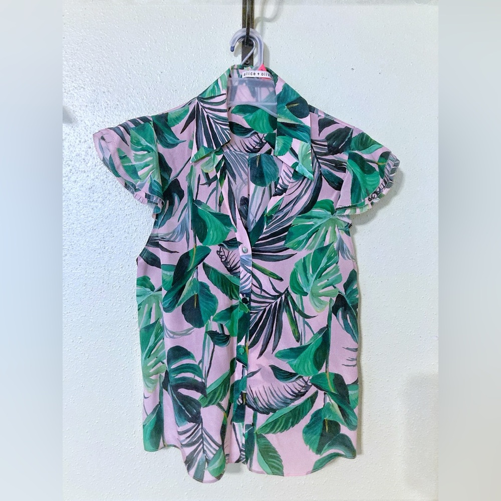 Alice + Olivia SILK EUC Randa Tropical Leaf Print Sz Small 19” p2p MSRP $295.